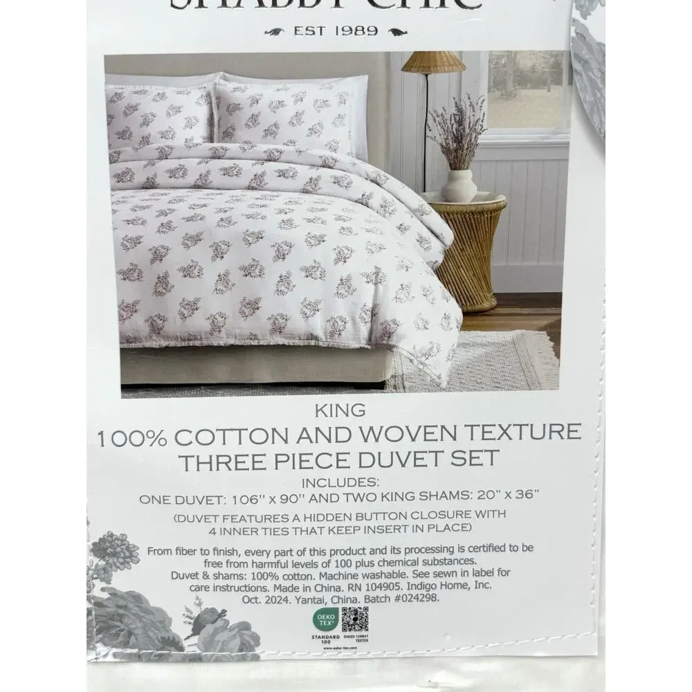 Shabby Chic Cotton Floral Woven KING Size Duvet Set White Rose Pink Fringe